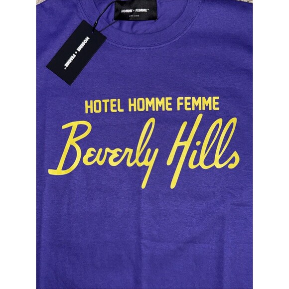 Homme + Femme XL Purple Hotel Beverly Hills T-Shirt Fake Love Streetwear NWT - Picture 2 of 4
